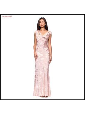 Jacquard Satin Cowl Neck Sleeveless Floor Length Formal Sheath Dress